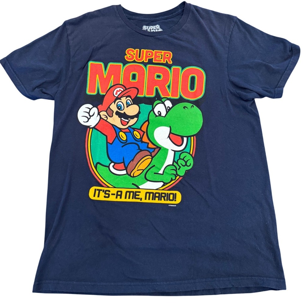 Super Mario Yoshi Its-a Me Mario Navy Blue Graphic T-Shirt Mens Medium Hybrid